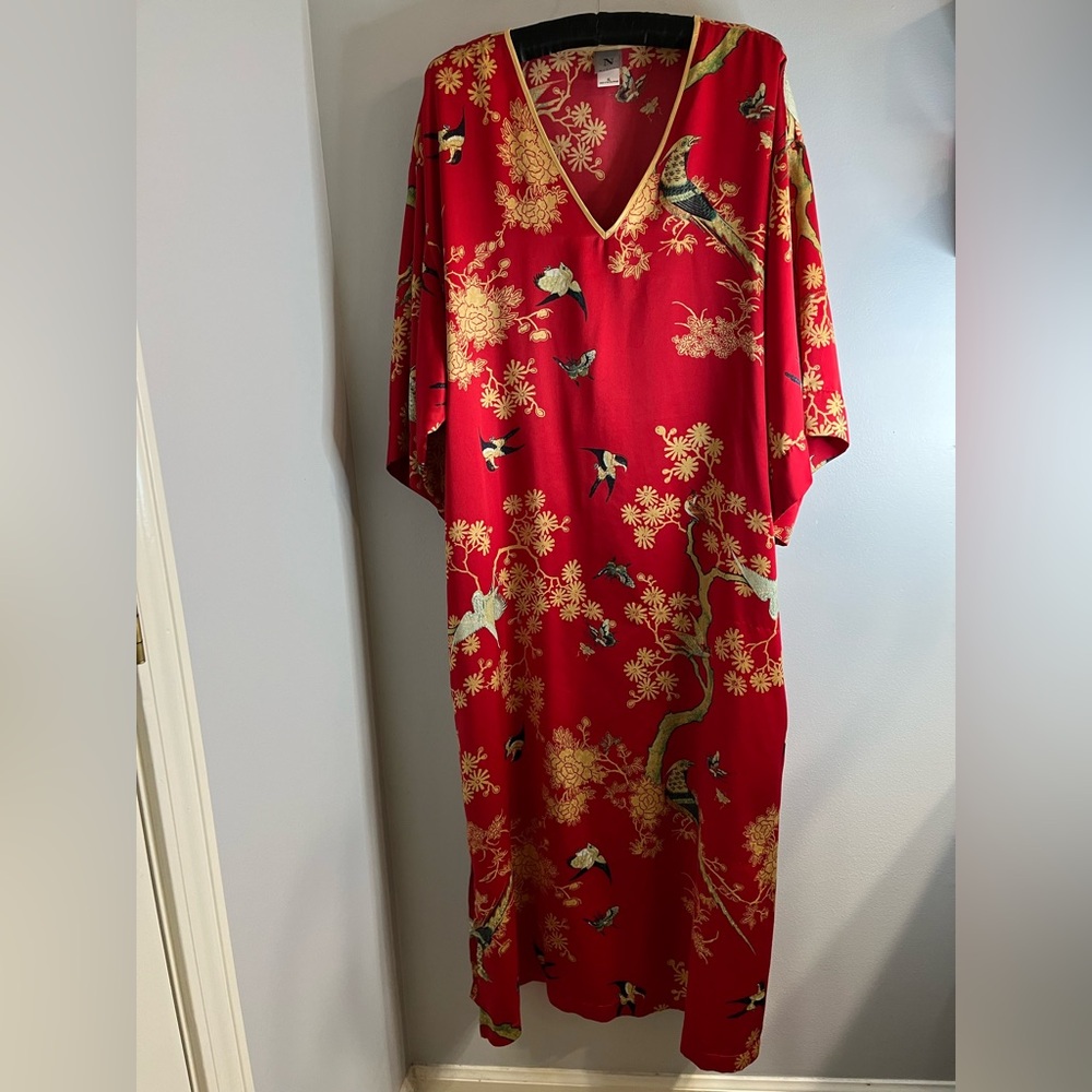 Natori Red Kimono with Bird and Floral Design